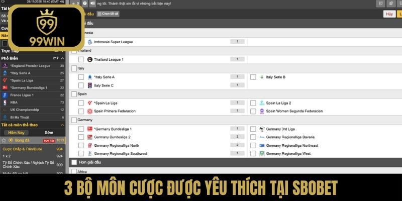 3 bộ môn cược được yêu thích tại SBOBET