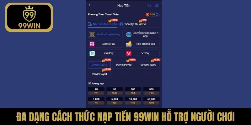 Đa dạng cách thức nạp tiền 99Win hỗ trợ người chơi