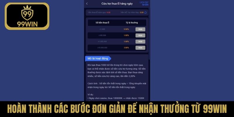 Hoàn thành các bước đơn giản để nhận thưởng từ 99Win