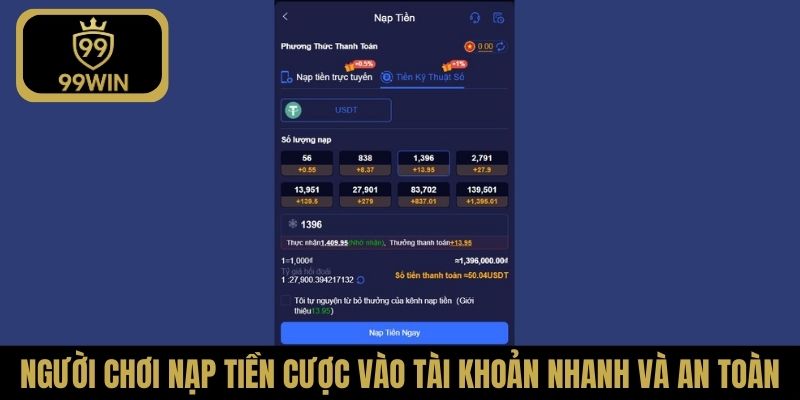 Người chơi nạp tiền cược vào tài khoản nhanh và an toàn